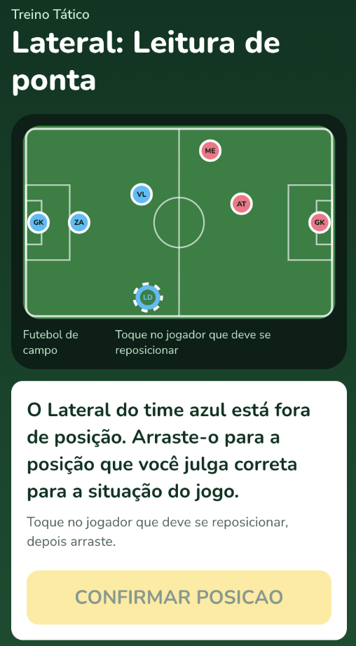 Treino Tático no app Recompensa — cenário Lateral: Leitura de ponta